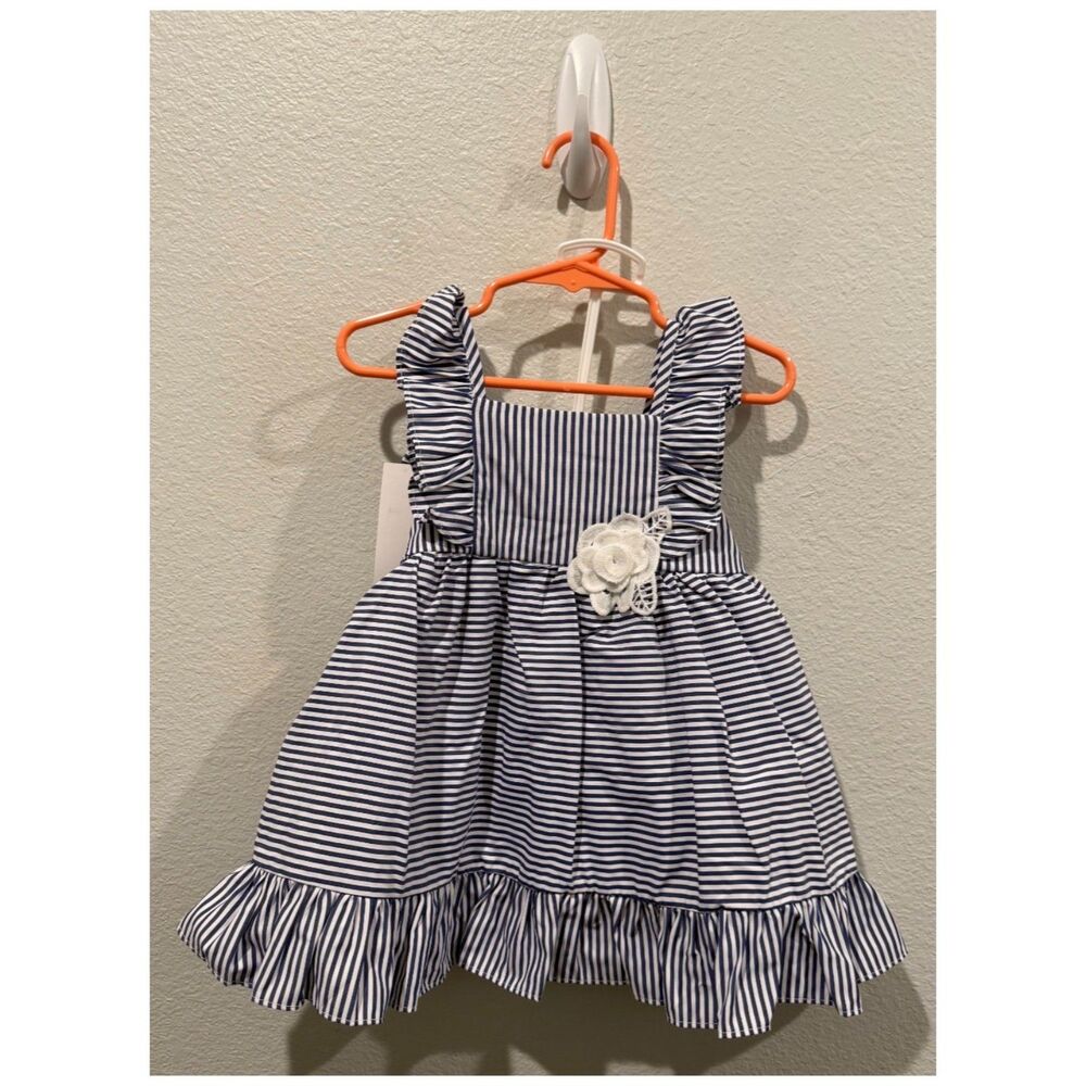 RARE EDITIONS Striped Blue White Flower Baby Dress